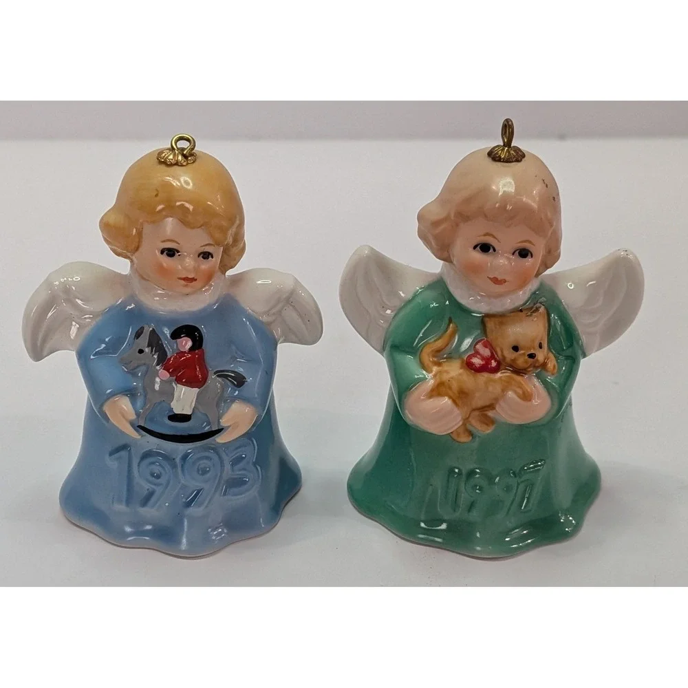 Goebel Angel Bell Ornaments Set 2 OS Blue Green Good 1993 1997 Germany Porcelain